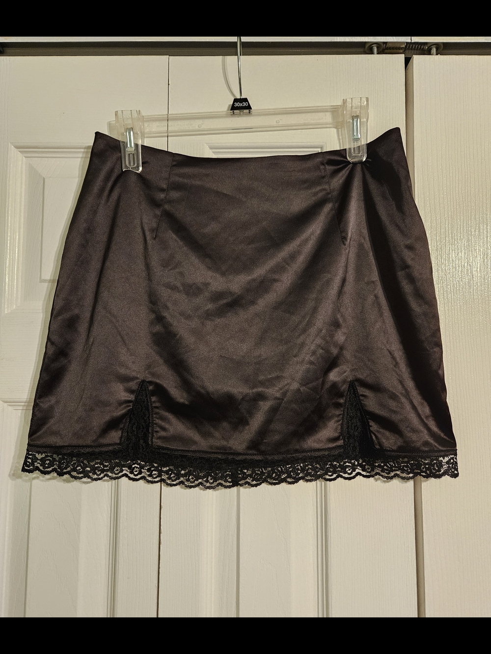 Beverly & Beck Satin Lace Trim Mini Skirt - Black